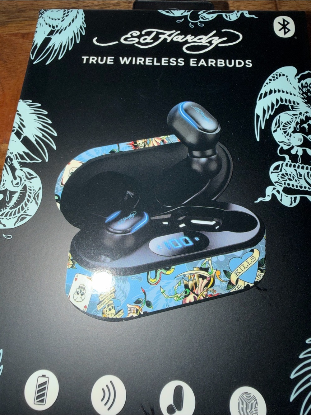 Ed Hardy True Wireless Earbuds - Black with Light Blue Graphic Case - Picture 5 of 5